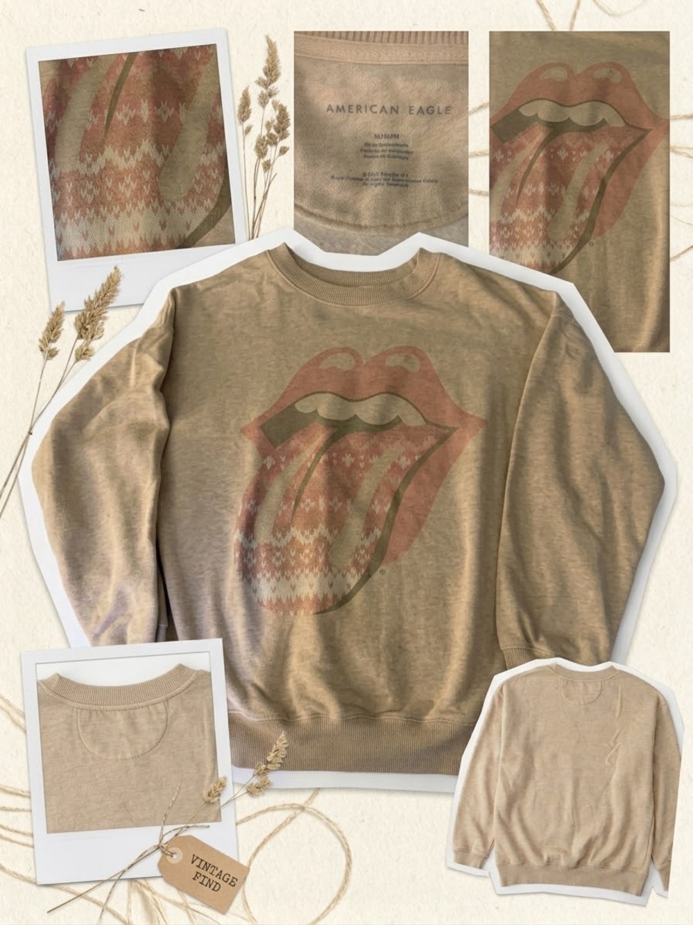 American Eagle Outfitters Womens Beige Graphic Crewneck Sweater